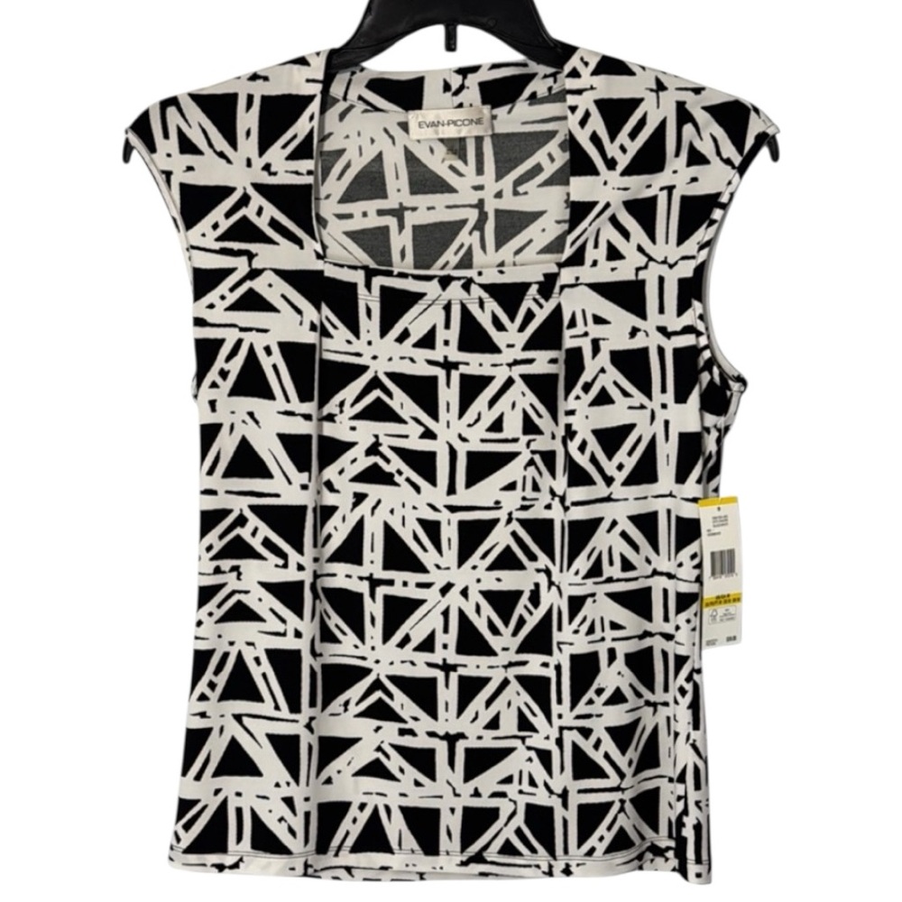 Evan Picone Top Black/White Sleeveless Graphic Print Square Neckline Sz‎ M  NWT